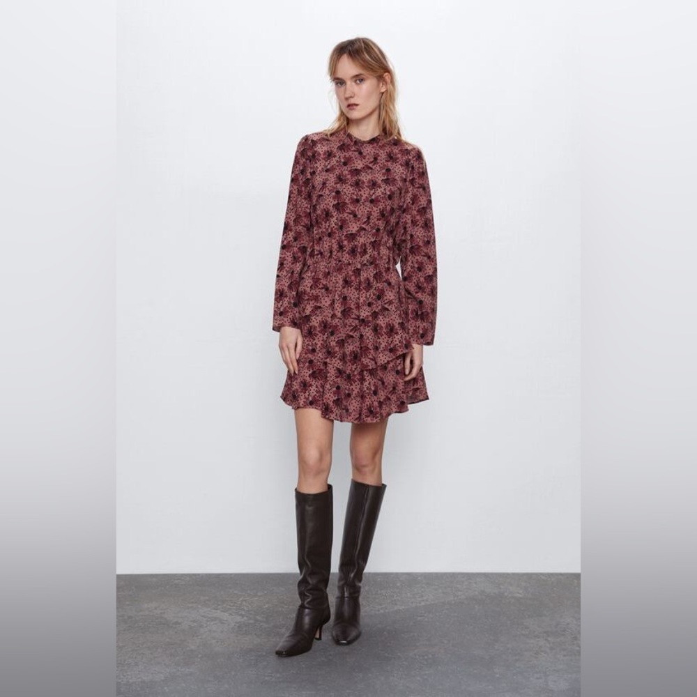 Zara Ruffled Print Marsala Dress - Size XS